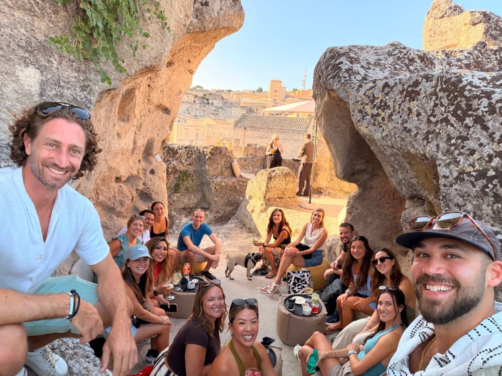 Drinks in a cave bar in Matera at golden hour